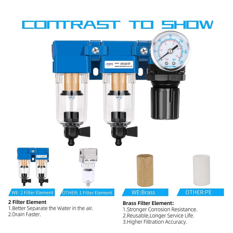 NANPU 1/4" NPT Air Drying System - Double Air Filters, Air Pressure Regulator Combo - Manual Drain, Poly Bowl - DFR-02M - Image 5